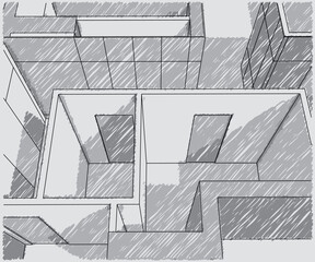 Converging skyscraper outlines in a grey cityscape