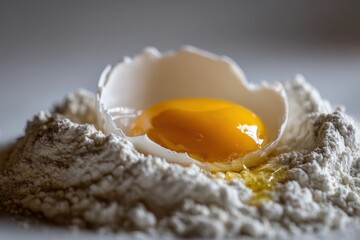 A cracked egg with yolk spilling over flour close up