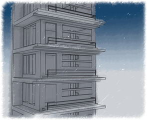 Converging skyscraper outlines in a grey cityscape