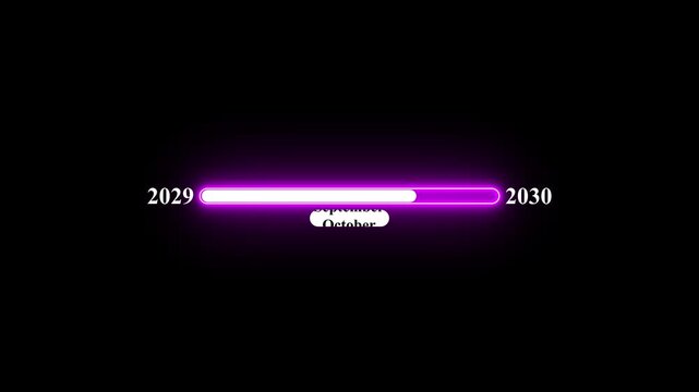 2029 to 2030 loading animation with January 2029 to January 2030 time ine on black background, year progress transition, calendar time loading bar, new year change concept