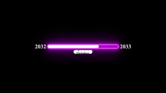 2032 to 2033 loading animation with January 2032 to January 2033 time line on black background, year progress transition, calendar time loading bar, new year change concept