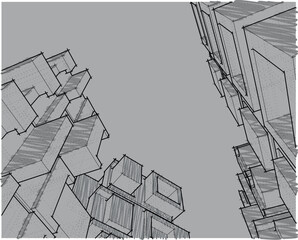 Converging skyscraper outlines in a grey cityscape