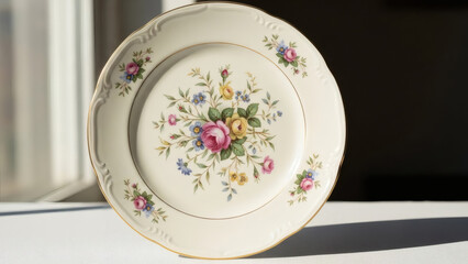 Elegant cream porcelain plate with intricate floral rose pattern and gold trim.