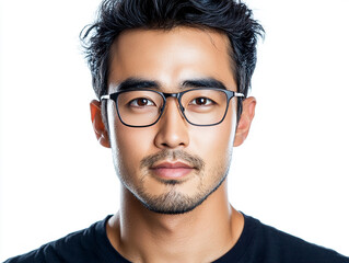 Close-up of a man wearing glasses on a white background, a man wearing glasses looks up