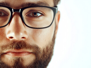 Close-up of a man wearing glasses on a white background, a man wearing glasses looks up