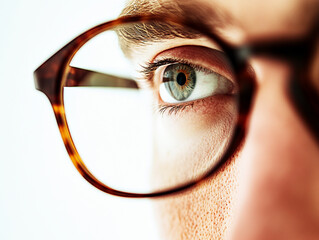 Close-up of a man wearing glasses on a white background, a man wearing glasses looks up