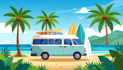 Vacation Van on Beach, Summer Travel, Palm Trees, Ocean View.