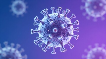 Detailed 3d visualization of a spherical virus particle with spike proteins in blue purple tones