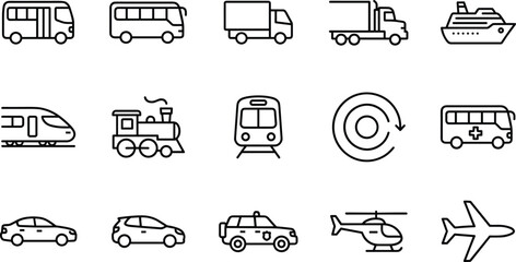 Transportation line icons set, collection of vector vehicles, cars, buses, trucks, trains, planes, and ships, for travel and logistics. © Hasan Creatives