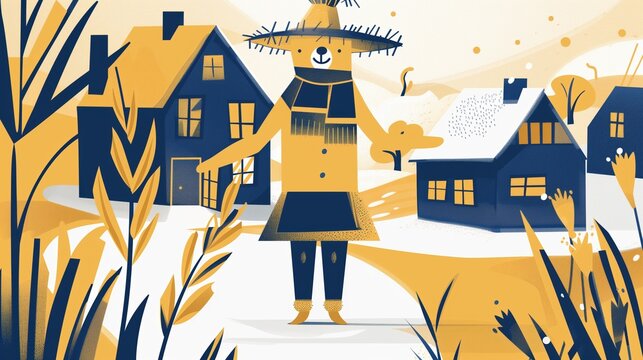 Straw Bear Day: Modern editorial illustration of straw bear performer, bold flat colors, geometric shapes, minimalist style, sophisticated color palette of mustard yellow, navy blue and cream