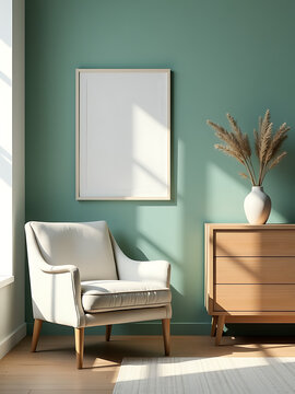 serene living room scene featuring plush frotte armchair beside sleek wooden commode set calming