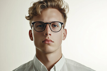 Close-up of a man wearing glasses on a white background, a man wearing glasses looks up