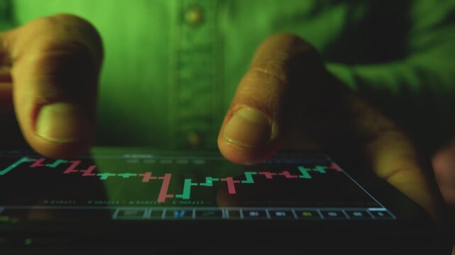 Close-up of a trader's hands scrolling through a financial candlestick chart on a screen