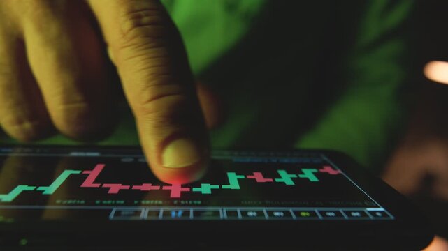 Close-up of a trader's finger scrolling through a financial graph on a digital device at night