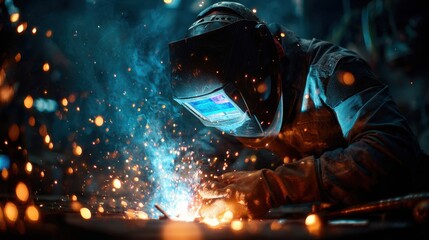 Welder in Protective Gear Welding Metal Sparks Bright Industrial Scene