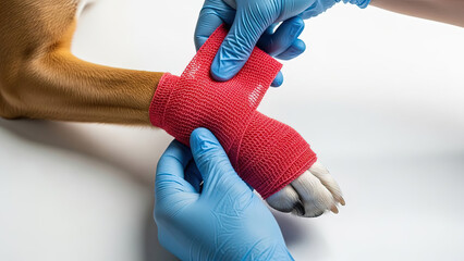 Veterinarian wrapping injured dog's paw with red bandage  