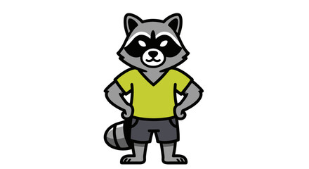 Cute cartoon raccoon character wearing a green tshirt and shorts.