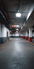 Naklejka premium Empty urban underground parking garage with concrete columns and dim lighting