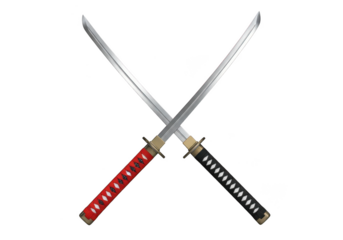 3d icon of crossed katana swords isolated on transparent background, symbolizing martial arts, japanese culture, samurai tradition, and the spirit of combat and discipline