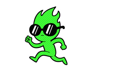 Green alien character with sunglasses running fast and looking cool.