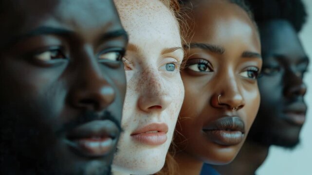 A group of people with different skin tones. One woman has a nose ring