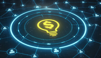 Illuminating Financial Innovation: Conceptual image of a lightbulb with dollar symbol in a digital network, signifying innovative financial concepts and digital connection.
