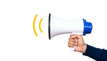 A hand holds a white and blue megaphone with sound waves on black background
