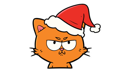 Grumpy orange cat wearing a festive Santa Claus hat with an angry expression.