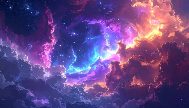 Colorful nebula image with dreamy hues, cosmic dust, stars, and wispy clouds - Powered by Adobe