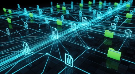 Digital network connecting various data files and folders representing cloud computing and information transfer in a futuristic cyberspace environment