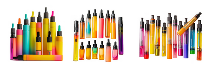 Assortment of colorful disposable vape pens and eliquid dropper bottles isolated on transparent background