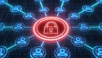 Network Security: A central digital lock radiates security to a network of user profiles, representing a robust safeguarding measure.