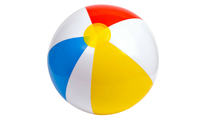 A brightly colored beach ball with red, blue, yellow, and white panels. Isolated on black