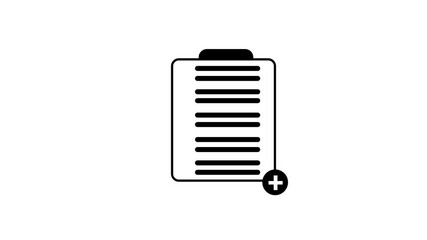Black and White Clipboard Icon with Add Button on White Background Keywords: clipboard, checklist, document, list, icon, symbol, black, white, graphic, design, isolated, white background, paper