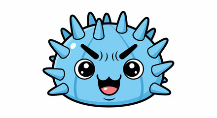 Cute Blue Spiky Cartoon Character with Big Eyes and Happy Expression.