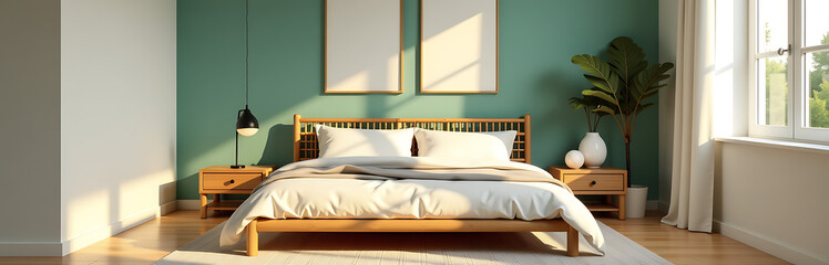 serene bedroom scene bathed warm golden light features minimalist bamboo bed paired sleek modern bedding surrounded