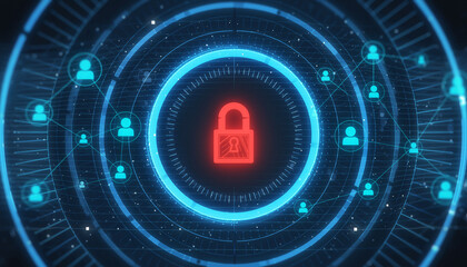 Cybersecurity Shield: A digital rendering depicting a glowing lock at the core of a data security network, signifying protection and privacy in a technology-driven age.