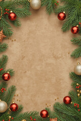 Christmas background with fir branches and cones