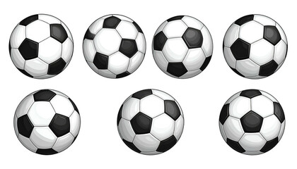 Digitally created illustration of eight black and white soccer balls at various angles, isolated