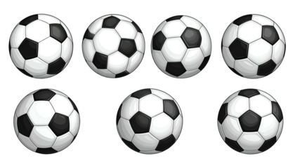 Digitally created illustration of eight black and white soccer balls at various angles, isolated