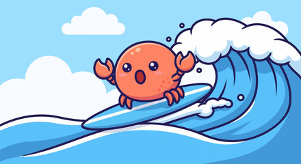 Cute Cartoon Crab Surfing on a Big Ocean Wave.