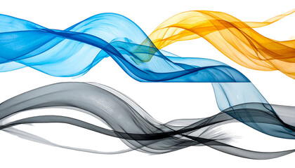 Wavy, translucent ribbons in blue, gold, and grey flow across a black background