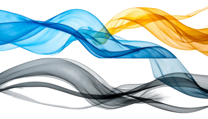 Wavy, translucent ribbons in blue, gold, and grey flow across a black background