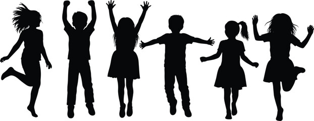 Silhouettes of Happy Jumping Children in Playful Poses Representing Joyful Childhood, Active Lifestyle, Fun, Friendship, and Outdoor Energy