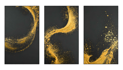 Three panels with gold glitter forming shapes against a dark gray background