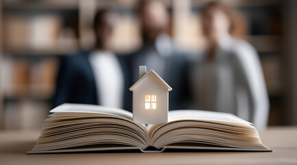 Obraz premium A conceptual image of a miniature house on an open book, symbolizing real estate knowledge and investment opportunities.