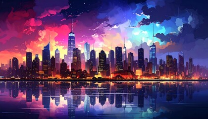 Colorful cityscape at dusk reflects in still water, with vibrant, stylized clouds above tall buildings