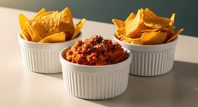 Salsa Dip Tortilla Chips White Bowls Copy Space - Powered by Adobe