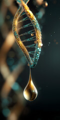 Obraz premium A close-up view of a DNA strand with a shimmering droplet, representing the essence of life and genetic complexity.