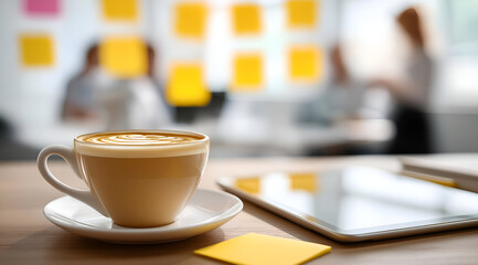 A cozy workspace featuring a cup of coffee and a tablet, perfect for productivity and inspiration.